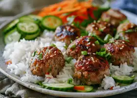 Grilled Pork Meatballs with Coconut Rice & Mixed Veggie Salad recipe