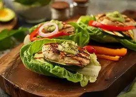 Chicken Burger Lettuce Wrap with Avocado Aioli and Grilled Veggies recipe