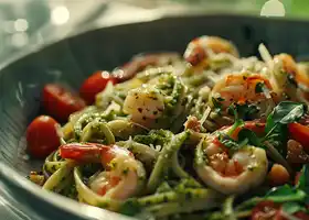 Linguine with Garlic Shrimp, Cherry Tomatoes, Spinach & Walnut Pesto recipe