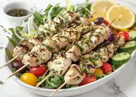 Herb-Marinated Chicken Skewers with Mediterranean Salad recipe