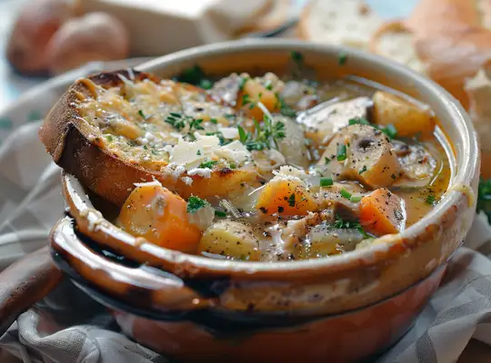 Stashcook | Herbed Chicken and Root Vegetable Stew with Cheesy Toast