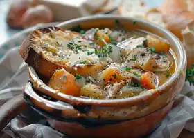 Herbed Chicken and Root Vegetable Stew with Cheesy Toast recipe