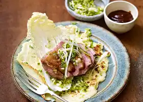 Duck pancakes with quick-pickled spring onions recipe
