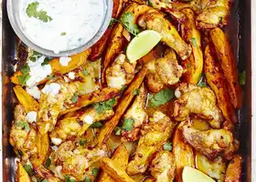 Spicy Chipotle Chicken Wings with Sweet Potato Wedges, Coriander and Lime Yogurt recipe