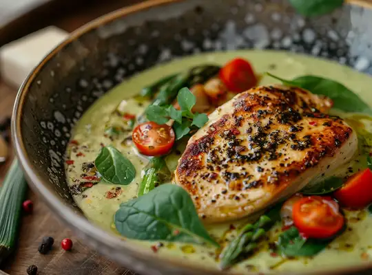 Stashcook | Creamy Asparagus and Spinach Soup with Seared Chicken