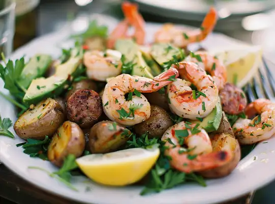 Stashcook | Grilled Shrimp and Sausage Salad with Herb Dressing