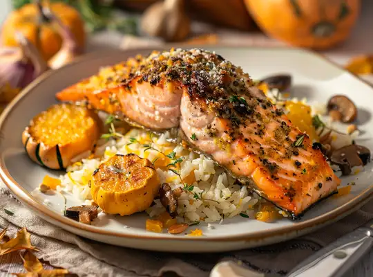 Stashcook | Herb-Crusted Salmon with Acorn Squash & Shiitake Mushroom Pilaf