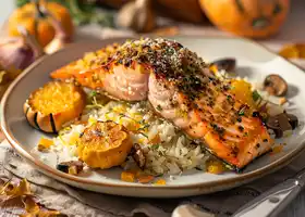 Herb-Crusted Salmon with Acorn Squash & Shiitake Mushroom Pilaf recipe