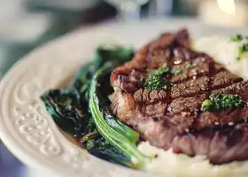 Seared Ribeye with Broccoli Rabe & Garlic Mash recipe