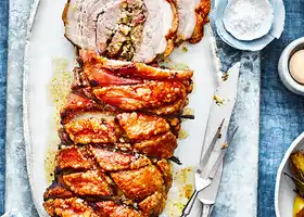 Prune and apple stuffed pork belly with roast fennel and apples recipe