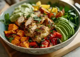 Chicken and Roasted Veggie Bowl with Creamy Avocado Sauce recipe