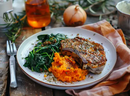 Stashcook | Herb-Crusted Pork Chops with Garlic Spinach & Sweet Potato Mash