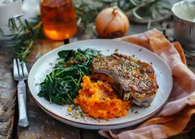 Herb-Crusted Pork Chops with Garlic Spinach & Sweet Potato Mash recipe