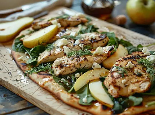 Stashcook | Chicken, Pear & Feta Flatbread with Spinach Salad