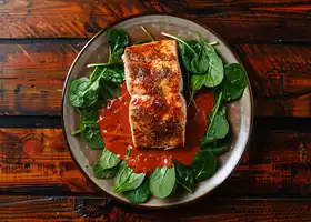 Spiced Salmon with Roasted Pepper Sauce & Spinach Salad recipe