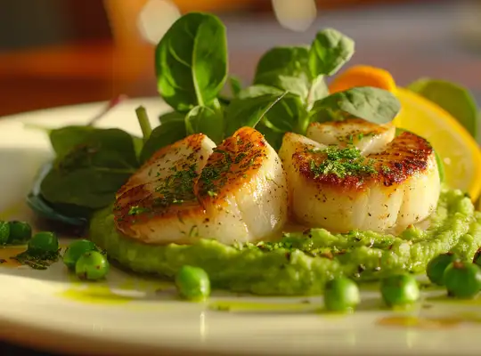 Stashcook | Seared Scallops with Minty Pea Puree &amp; Citrus Salad