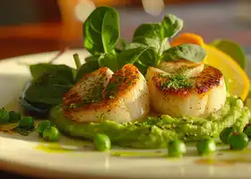 Seared Scallops with Minty Pea Puree & Citrus Salad recipe