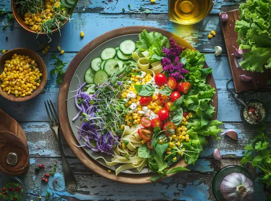 Stashcook | Creamy Corn Pasta with Crisp Veggie Salad
