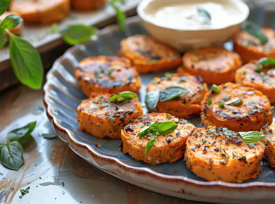 Stashcook | Baked Spiced Sweet Potato Rounds with Creamy Honey-Mustard Sauce