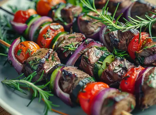 Stashcook | Herb-Marinated Beef Skewers with Mediterranean Salad