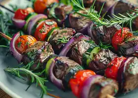 Herb-Marinated Beef Skewers with Mediterranean Salad recipe