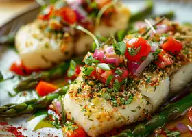 Herb-Crusted Cod with Cherry Tomato Salsa and Asparagus recipe