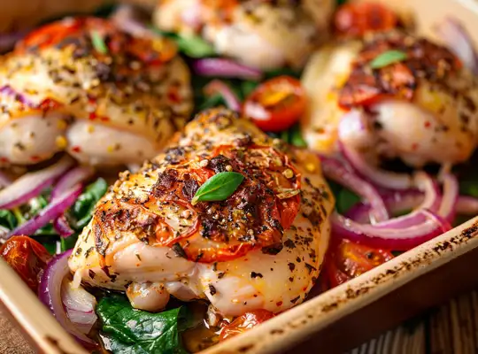 Stashcook | Oven-Baked Mozzarella Chicken with Spinach and Red Onions