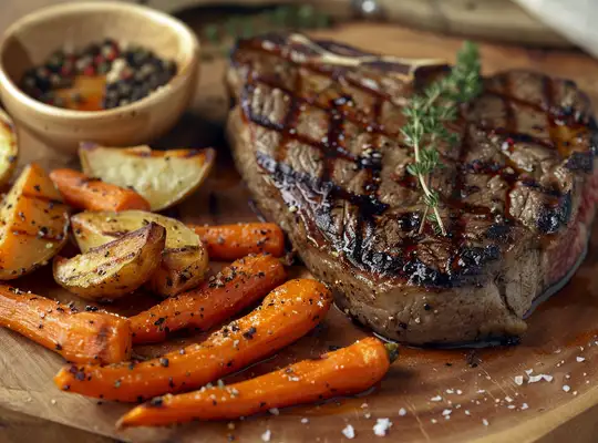 Stashcook | Grilled Ribeye Steak with Thyme-Roasted Carrots & Potato Wedges