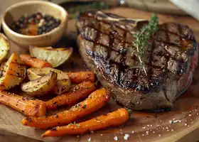 Grilled Ribeye Steak with Thyme-Roasted Carrots & Potato Wedges recipe