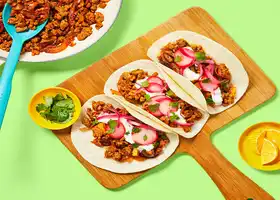 One-Pan Pork & Pineapple Tacos with Pickled Veggies & Lemon Crema recipe