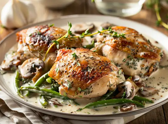 Stashcook | Pan-Seared Chicken Thighs with Creamy Garlic Mushroom Sauce & Herbed Green Beans