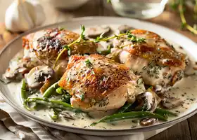 Pan-Seared Chicken Thighs with Creamy Garlic Mushroom Sauce & Herbed Green Beans recipe