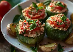 Herbed Tuna and Tomato Stuffed Zucchini with Roasted Potatoes recipe