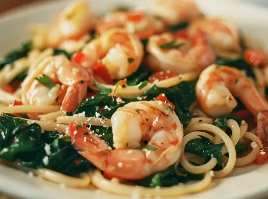 Stashcook | Shrimp and Spinach Pasta with Red Pepper Sauce