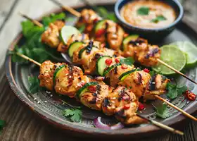 Grilled Chicken Skewers with Spicy Peanut Dip & Cucumber Salad recipe