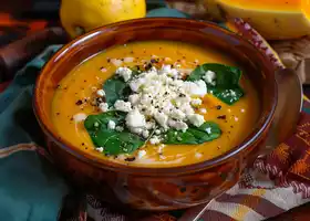 Creamy Butternut Squash Soup with Feta & Spinach-Chickpea Sauté recipe