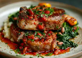 Herbed Pork Chops with Spicy Tomato Sauce and Garlic Spinach Mash recipe