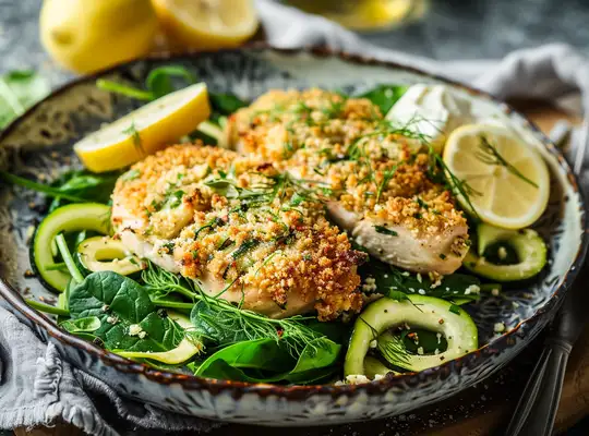Stashcook | Herb-Crusted Chicken with Zucchini Ribbons & Garlic Spinach
