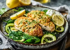Herb-Crusted Chicken with Zucchini Ribbons & Garlic Spinach recipe