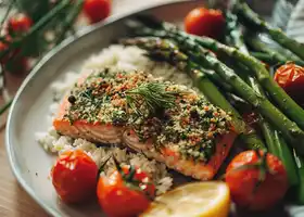Herb-Crusted Salmon with Roasted Asparagus and Cherry Tomatoes recipe