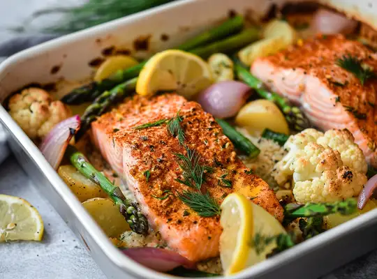 Stashcook | Spiced Cauliflower and Lemon Herb Salmon Bake