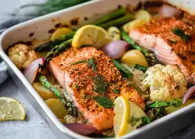 Spiced Cauliflower and Lemon Herb Salmon Bake recipe