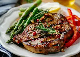 Grilled Pork Chop with Asparagus, Red Peppers, and Lemon Yogurt recipe