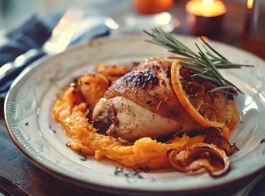 Stashcook | Rosemary-Orange Roast Chicken with Caramelized Onions and Sweet Potato Mash