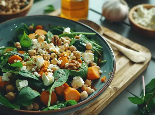 Stashcook | Chickpea Spinach Salad with Roasted Carrots, Walnuts & Feta