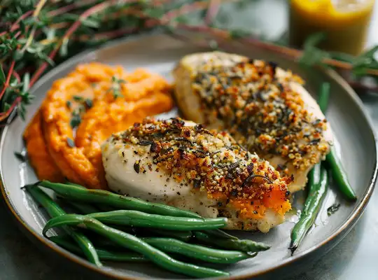 Stashcook | Herb-Crusted Chicken with Garlic Green Beans & Carrot Puree