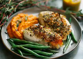 Herb-Crusted Chicken with Garlic Green Beans & Carrot Puree recipe
