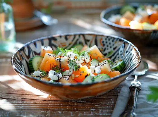 Melon and Goat Cheese Salad with Balsamic Glaze