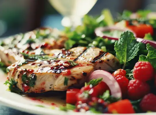 Stashcook | Grilled Pork Chop with Raspberry Salsa & Mixed Greens