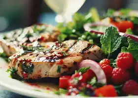Grilled Pork Chop with Raspberry Salsa & Mixed Greens recipe